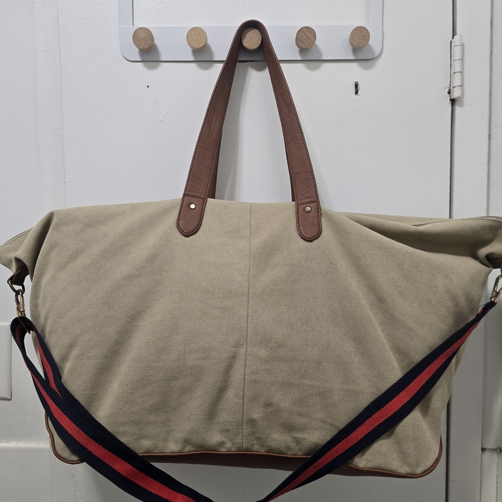 Cotton Canvas Oversized Weekender Travel Duffel with Brown Handles - Picture 6 of 11